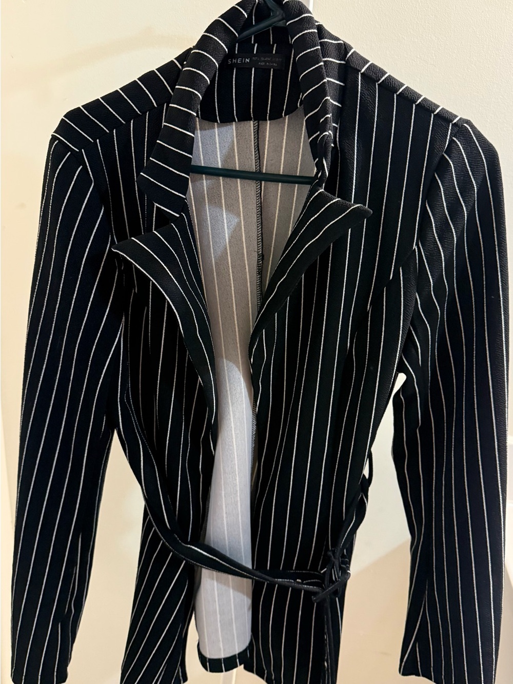 SHEIN Black with White Pinstripe Belted Blazer